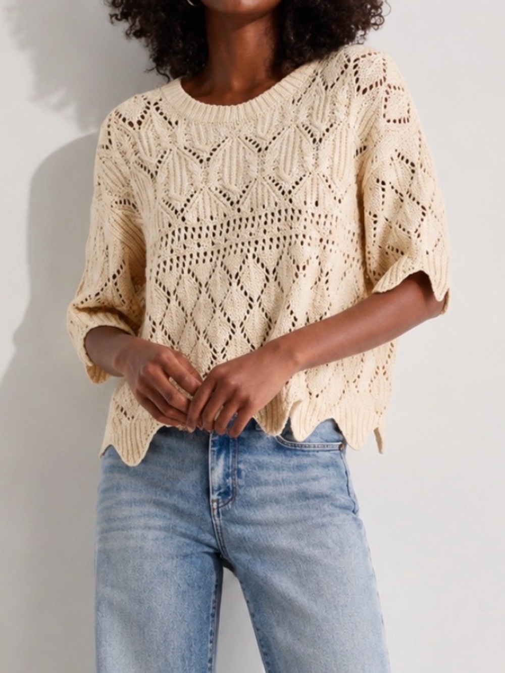 Anthropologie SPLENDID Diletta Pointelle Crochet Knit Sweater Size L - Picture 3 of 11
